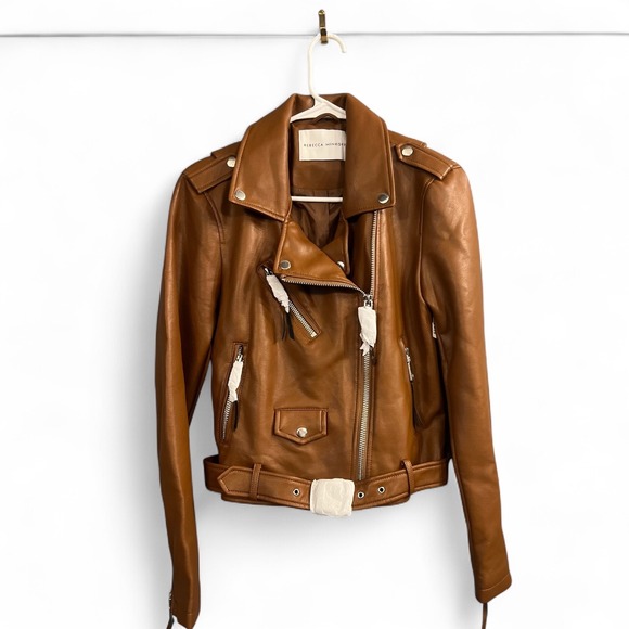 Rebecca Minkoff Jackets & Blazers - Rebecca Minkoff Cognac Brown Vegan Faux Leather Moto Jacket Biker Zip Up Small
